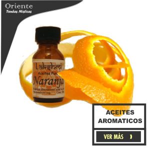 botella de aceite de naranja con carscara de naranaja enroscada a su alrededor leyenda aceites aromáticos y ver mas