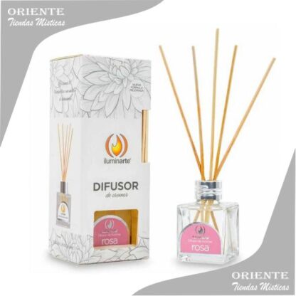 difusor en caja de aromas a rosa con varillas de bambu colocadas dentro del difusor