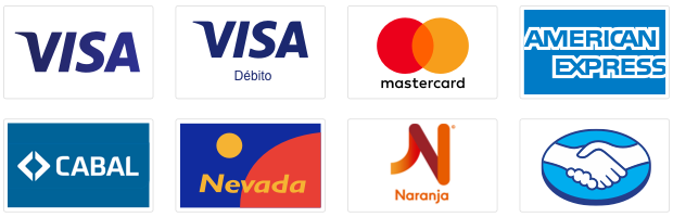 Visa | MasterCard | American Express | Mercado Pago | Cabal | Nativa | Tarjeta Naranja | TodoPago